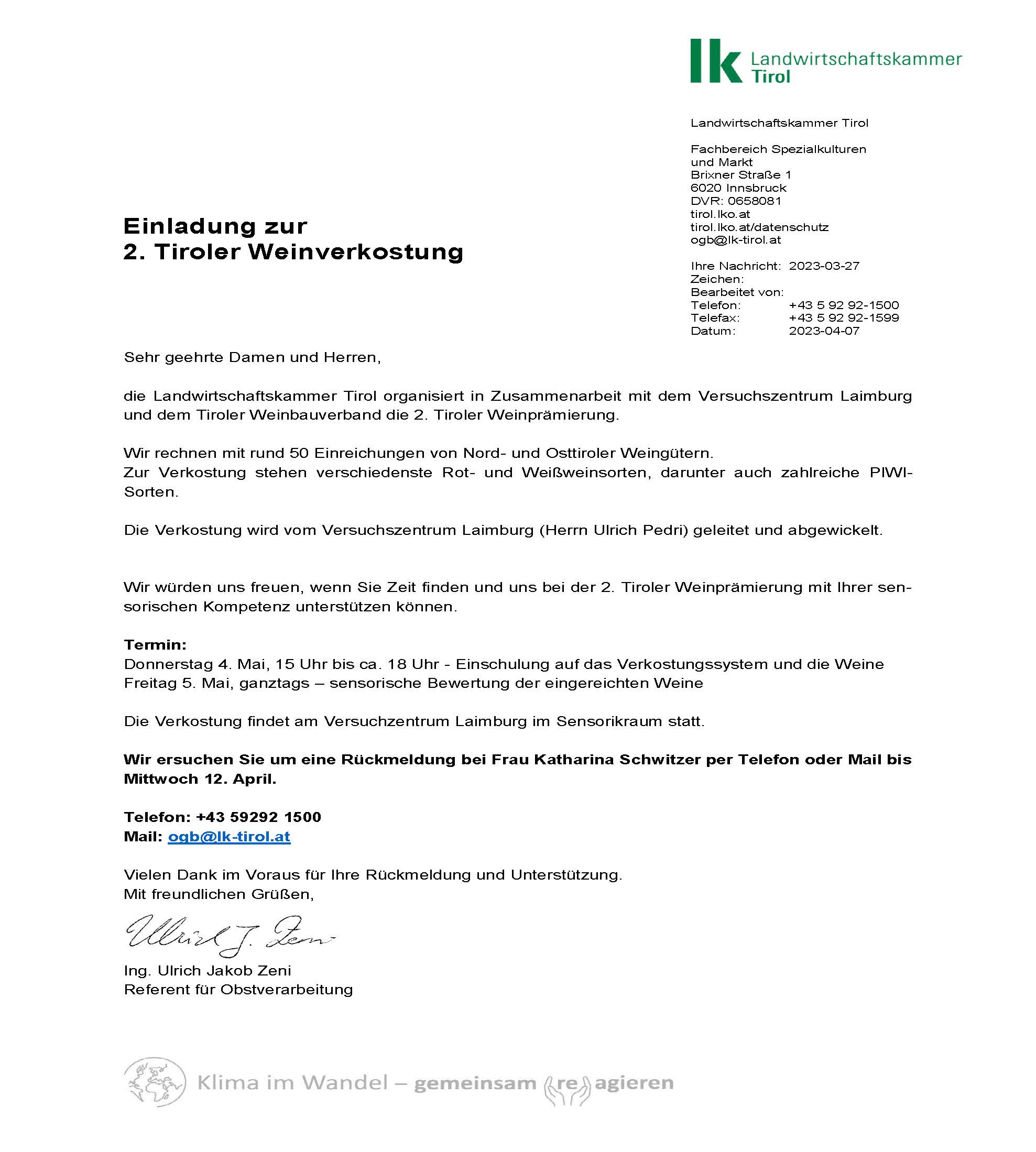 Einladung Verkoster Brief Tiroler Sommelierverein